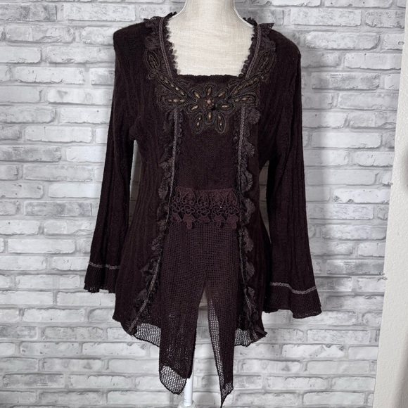 Pretty Angel Dark Brown Embroidered Boho Cottagecore Sweater Tunic Dress - Picture 1 of 12